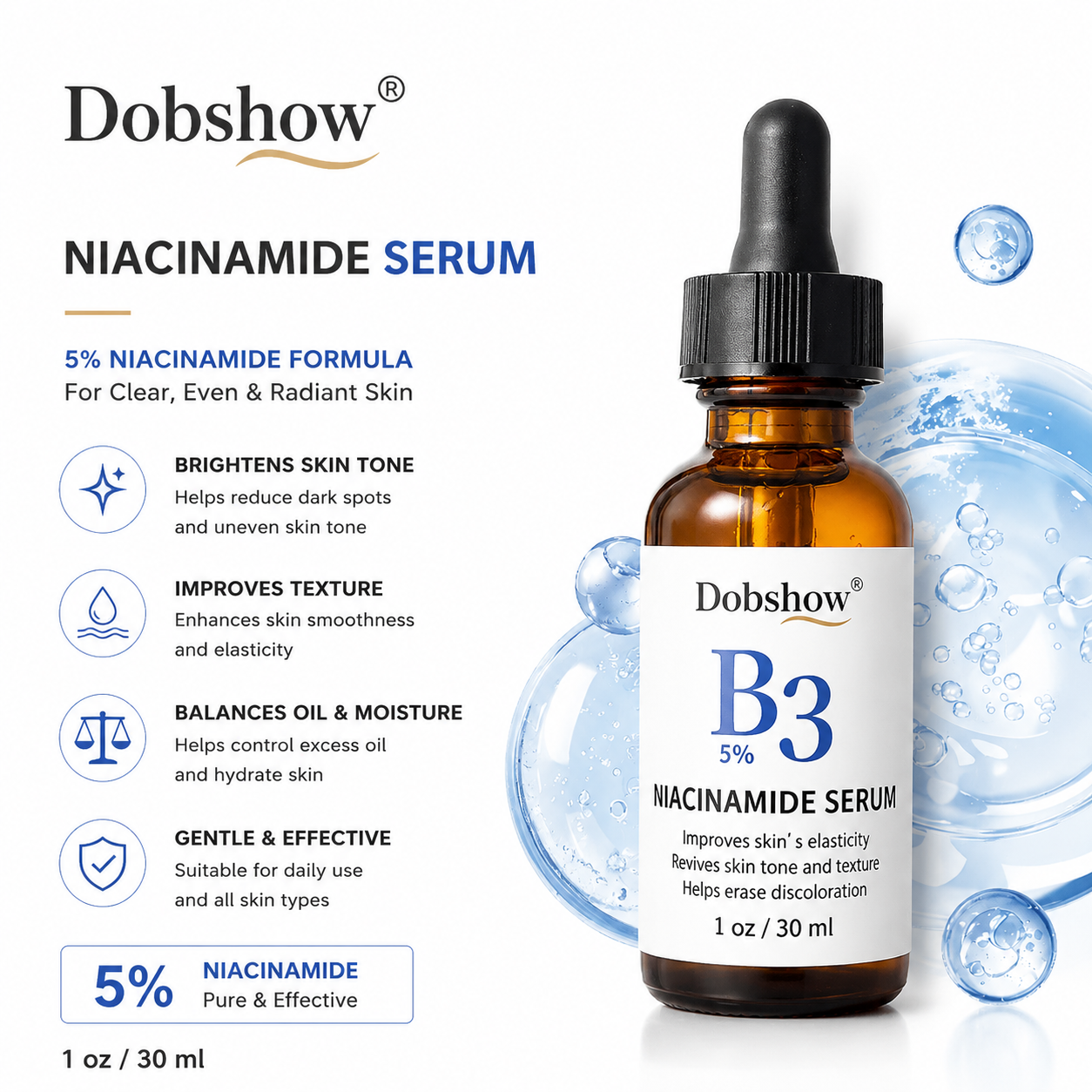 Dobshow®Multi-Action Serum with Niacinamide, Hyaluronic Acid & Vitamin C – Hydrating Face Essence for All Skin Types