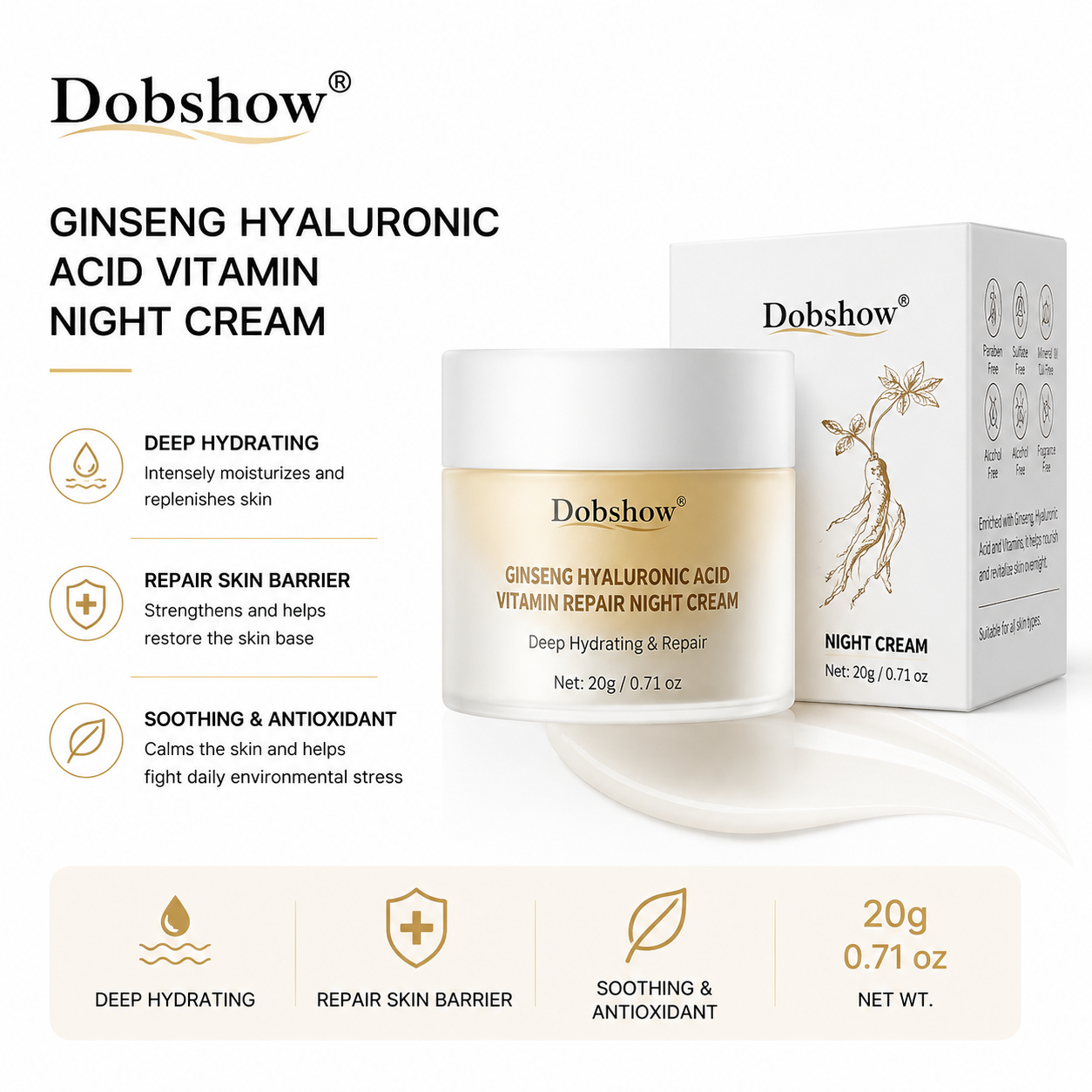 Dobshow®Ginseng & Hyaluronic Acid Night Cream – Hydrating Face Moisturizer with Vitamins for Overnight Nourishment