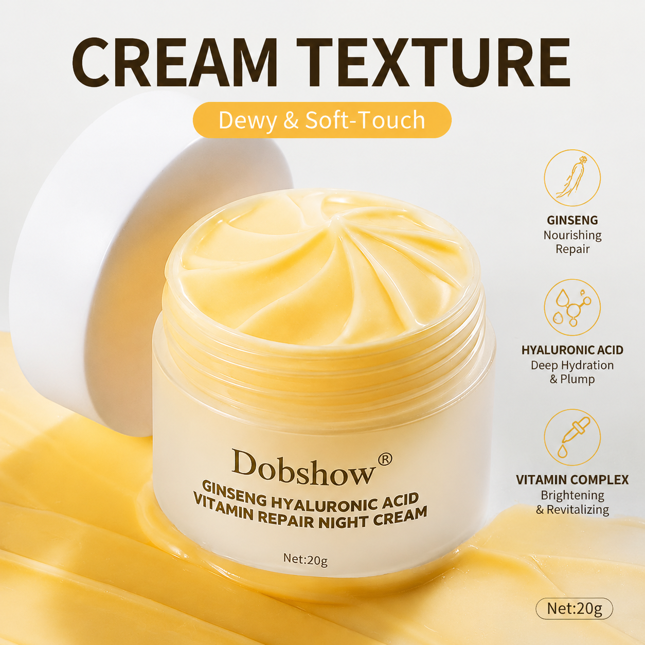 Dobshow®Ginseng & Hyaluronic Acid Night Cream – Hydrating Face Moisturizer with Vitamins for Overnight Nourishment