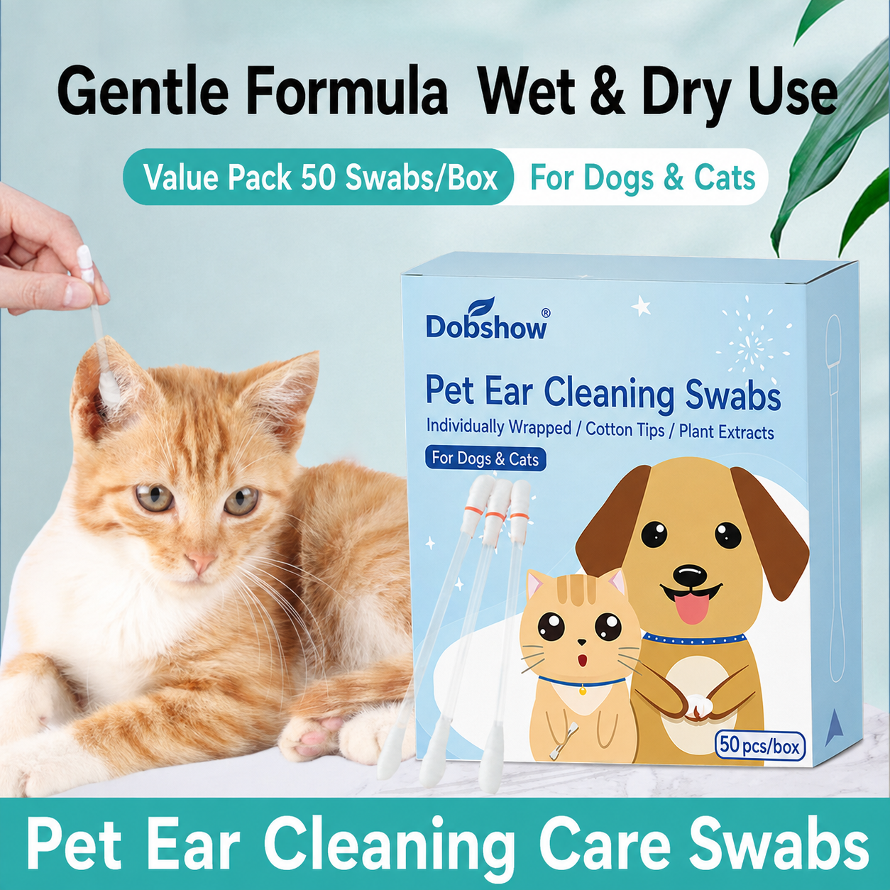 Dobshow® Individually Wrapped Pet Ear Care Swabs for Dogs & Cats - Anti-Itch & Odor Removal